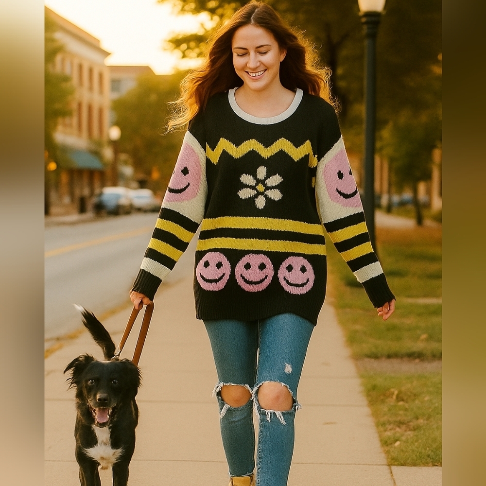 MINKPINK Retro Smiley Face Daisy Sweater Oversized XS Groovy 90s Y2k